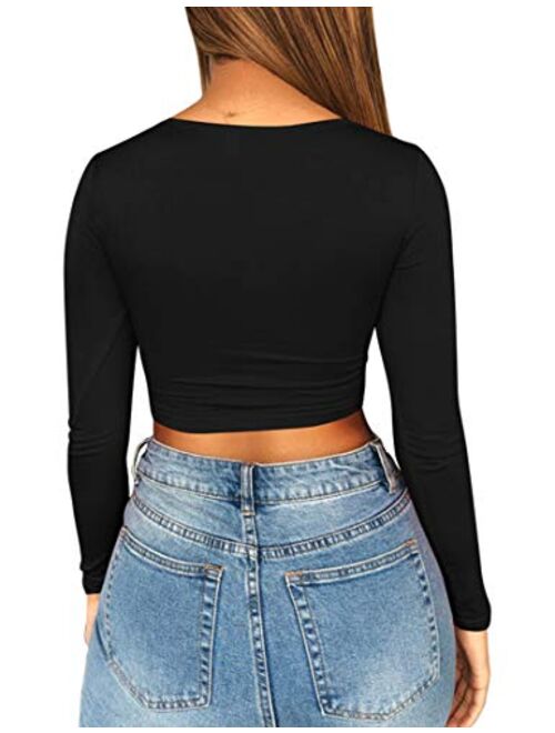 Mizoci Women's Sexy Ruched Tie Up Crop Top Basic Long Sleeve Cut Out T Shirt