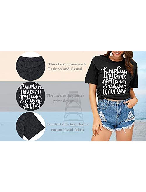 Pumpkins Hayrides Apple Cider and Falling Leaves T-Shirt Women Funny Letter Printed Graphic Fall Tee Tops