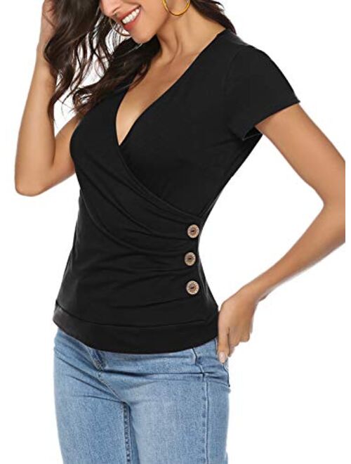 Yidarton Women's Wrap Top Deep V Neck Short Sleeve Unique Slim Fit Shirt Crop Top
