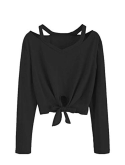Women's Crop T-Shirt Tie Front Long Sleeve Cut Out Casual Blouse Top