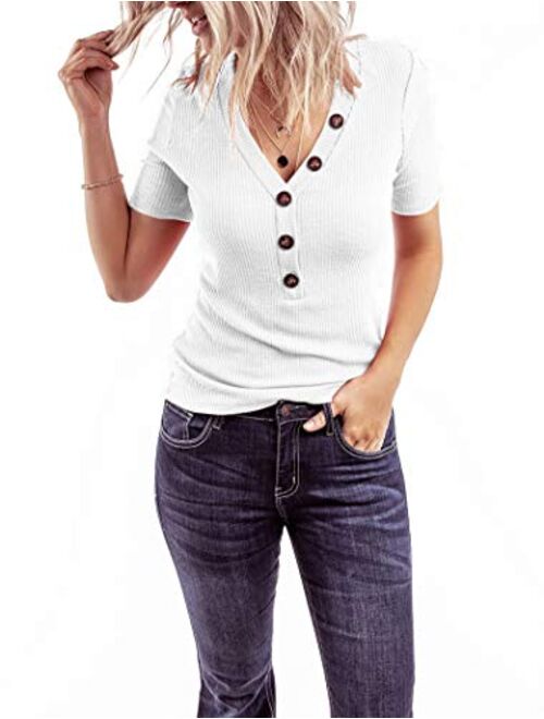 Minthunter Women's Short Sleeve T Shirts V Neck Shirts Ribbed Basic Henley Tops