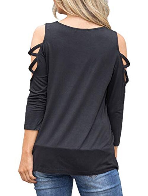 LUOUSE Women's Hollowed Out Shoulder 3/4 Long Sleeve Casual Tunic Blouse Loose T-Shirts Tops
