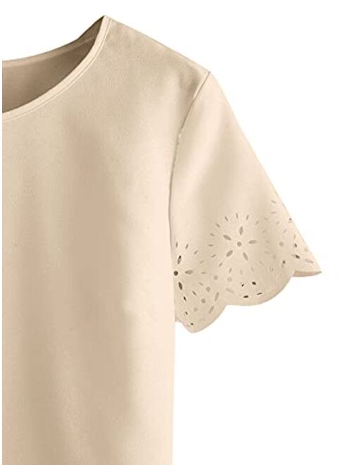 SheIn Women's Casual Round Neck Summer Short Sleeve Scallop T-Shirt Top Blouse