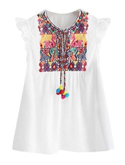 Women's Ruffle Striped Mexican Embroidered Babydoll Blouse Top