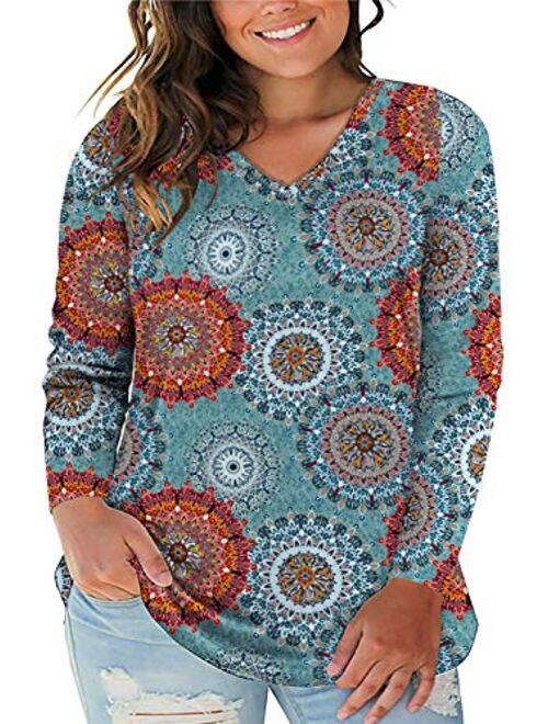 ROSRISS Plus Size Tops for Women Long Sleeve Tees V Neck Tunics Solid Color Blouse T Shirts 