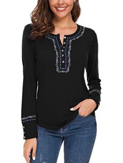 Women's Long Sleeve Boho Shirt Embroidered Top