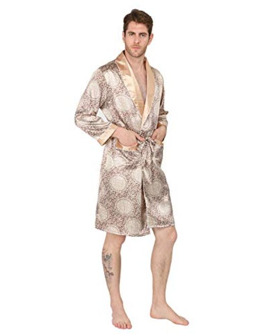 MAGE MALE Men's Summer Luxurious Kimono Soft Satin Robe with Shorts Nightgown Long Sleeve Pajamas Printed Bathrobes
