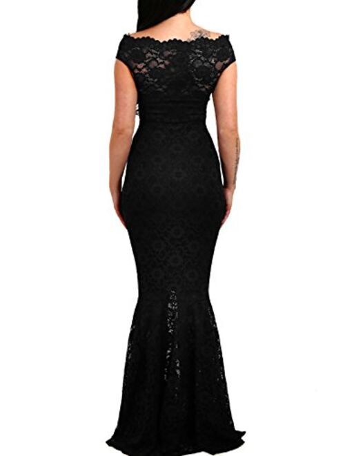 Elapsy Womens Sexy Off Shoulder Bardot Lace Evening Gown Fishtail Maxi Dress