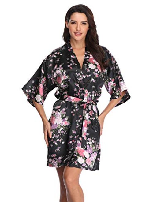 Women's Floral Bride Bridesmaids Robe Satin Wedding Kimono Bridal Dressing Gown Sleepwear