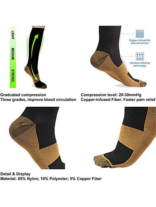 Copper Knee High Compression Socks for Men & Women(8 Pairs)-Best for Running,Athletic and Travel -20-30mmHg