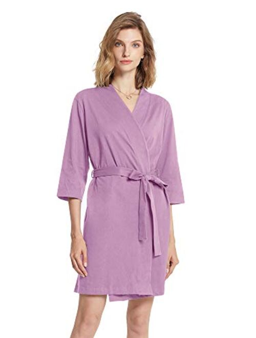 SIORO Women's Kimono Robes Cotton Lightweight Bath Robe Knit Bathrobe Soft Sleepwear V-Neck Ladies Nightwear