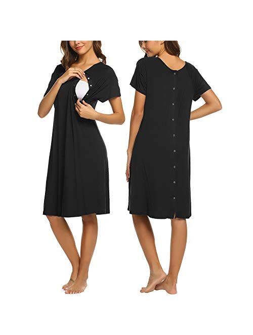 Ekouaer Womens Nursing/Delivery/Labor/Hospital Nightdress Short Sleeve Maternity Nightgown with Button S-XXL