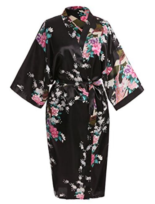 USDisc't Elegant Short Sleeve Printing Peacock Silk Women's Kimono Robe for Parties Wedding Bridal and Bridesmaid