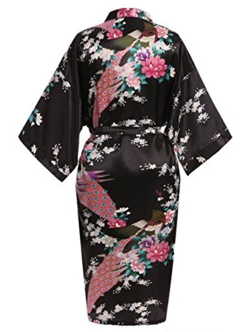 USDisc't Elegant Short Sleeve Printing Peacock Silk Women's Kimono Robe for Parties Wedding Bridal and Bridesmaid