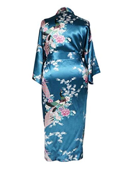 Applesauce - 838 - Plus Size Women's Satin Kimono Long Robe - Peacock and Blossom (One-Size fits Most US 1X 2X 3X)