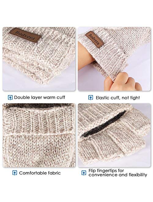 Bodvera Thermal Insulation Fingerless Texting Wool Gloves Unisex Winter Warm Knitted Convertible Mittens Flap Cover