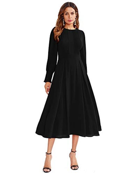 Milumia Women's Elegant Frilled Long Sleeve Pleated Fit and Flare Dress