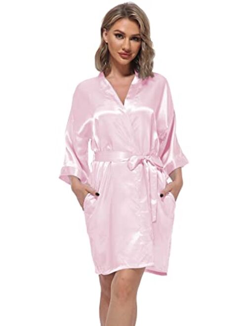 Women's Pure Color Satin Kimono Robes Bridesmaid Wedding Party Dressing Gown,Short