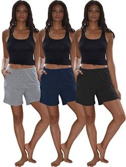Sexy Basics Women's 3 Pack Cotton Sleep Pajama Shorts with Pockets & Drawstring