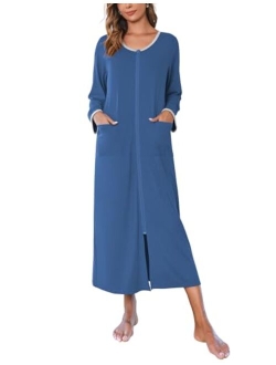 Women Long House Coat Zipper Front Robes Full Length Nightgowns with Pockets Striped Loungewear