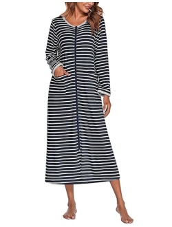 Women Long House Coat Zipper Front Robes Full Length Nightgowns with Pockets Striped Loungewear