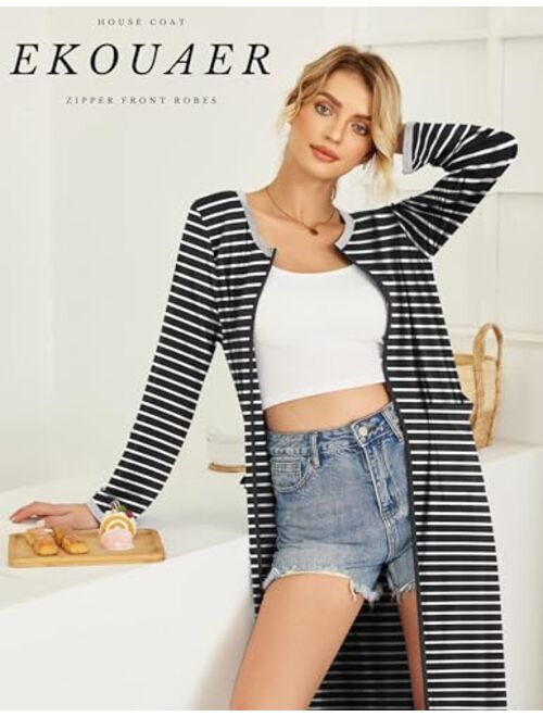 Ekouaer Women Long House Coat Zipper Front Robes Full Length Nightgowns with Pockets Striped Loungewear