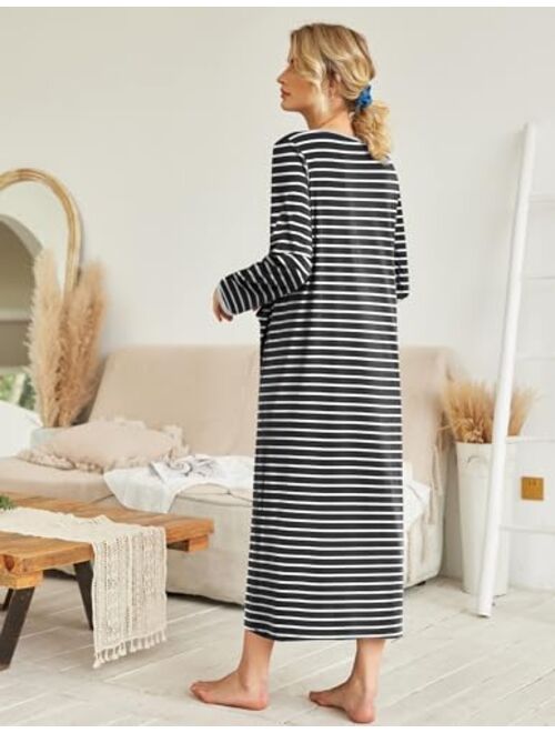 Ekouaer Women Long House Coat Zipper Front Robes Full Length Nightgowns with Pockets Striped Loungewear