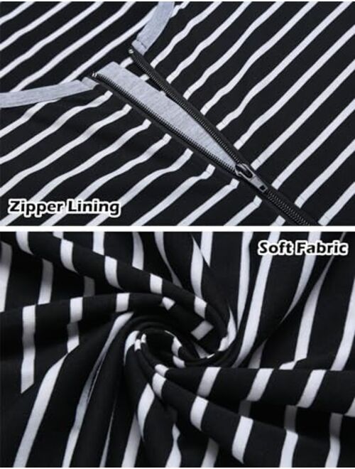 Ekouaer Women Long House Coat Zipper Front Robes Full Length Nightgowns with Pockets Striped Loungewear