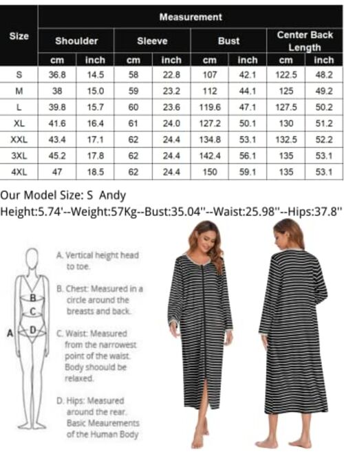 Ekouaer Women Long House Coat Zipper Front Robes Full Length Nightgowns with Pockets Striped Loungewear