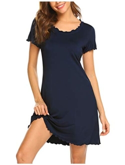 Womens Sleepshirt Short Sleeve Ruffle Seams Nightgown Soft Sleeping Shirts Loungewear Nightshirts