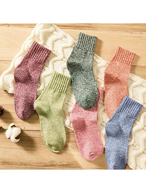 Footfox 6 Pairs Womens Warm Wool Socks Vintage Thick Knit Winter Casual Cotton Socks, Multicolor