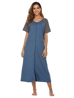 Women Robes Zipper Front Short Sleeve Full Length Housecoat with Pockets Loungewear