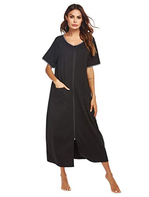 Ekouaer Women Robes Zipper Front Short Sleeve Full Length Housecoat with Pockets Loungewear