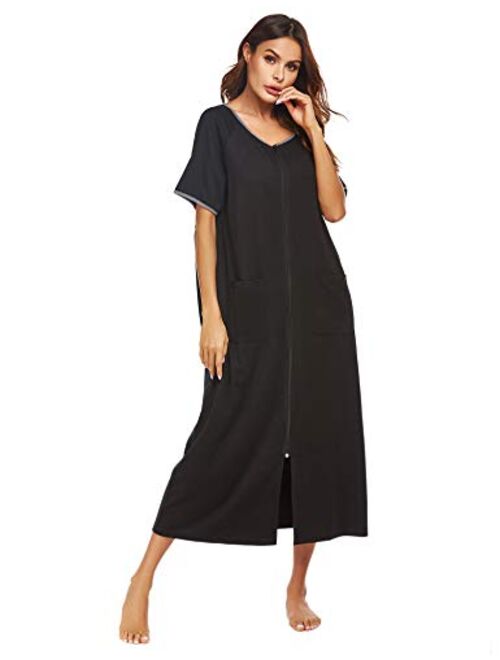 Ekouaer Women Robes Zipper Front Short Sleeve Full Length Housecoat with Pockets Loungewear