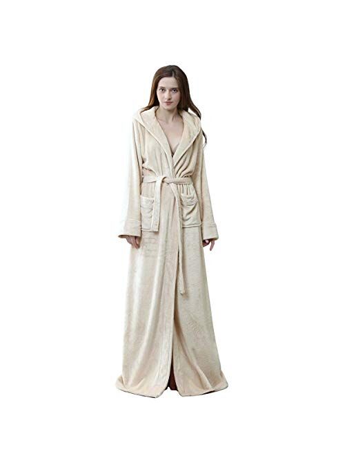 Long Hooded Robe for Women Luxurious Flannel Fleece Full Length Bathrobe Winter Warm Pajamas Shower Nightgown