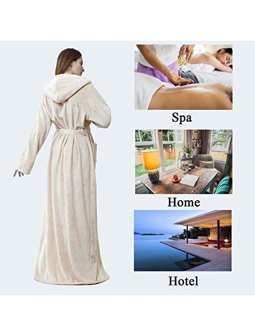 Long Hooded Robe for Women Luxurious Flannel Fleece Full Length Bathrobe Winter Warm Pajamas Shower Nightgown