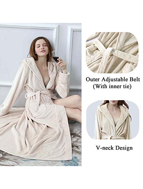 Long Hooded Robe for Women Luxurious Flannel Fleece Full Length Bathrobe Winter Warm Pajamas Shower Nightgown