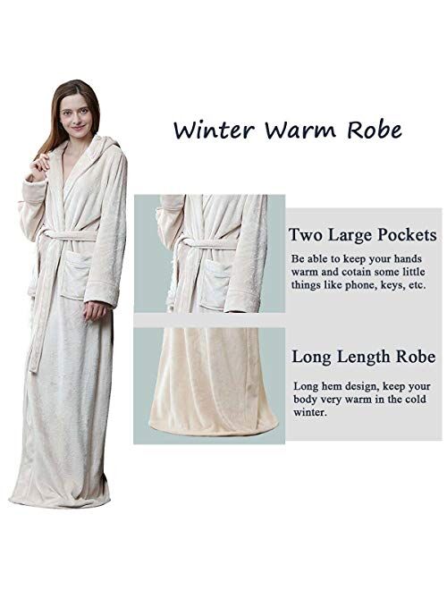 Long Hooded Robe for Women Luxurious Flannel Fleece Full Length Bathrobe Winter Warm Pajamas Shower Nightgown
