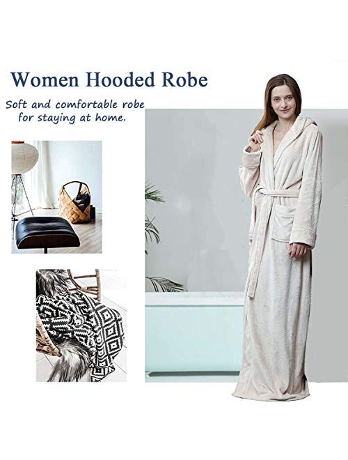 Long Hooded Robe for Women Luxurious Flannel Fleece Full Length Bathrobe Winter Warm Pajamas Shower Nightgown