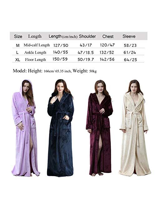 Long Hooded Robe for Women Luxurious Flannel Fleece Full Length Bathrobe Winter Warm Pajamas Shower Nightgown
