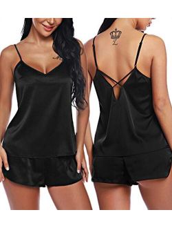 RSLOVE Women V Neck Sexy Lingerie Satin Sleepwear Pajamas Cami Shorts Set Nightwear