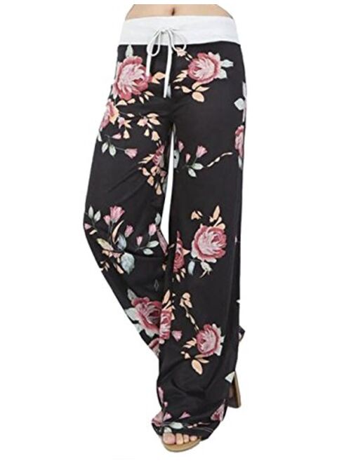 Assivia Women's Summer Casual Pajama Pants Floral Print Drawstring Palazzo Lounge Pants Wide Leg