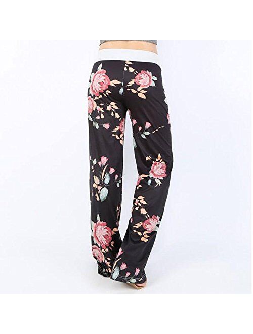 Assivia Women's Summer Casual Pajama Pants Floral Print Drawstring Palazzo Lounge Pants Wide Leg