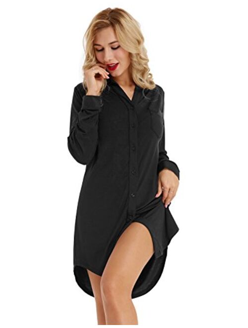 Zexxxy Women Long Sleeve Pajama Top Button Down Lapel Sleep Shirt Dress