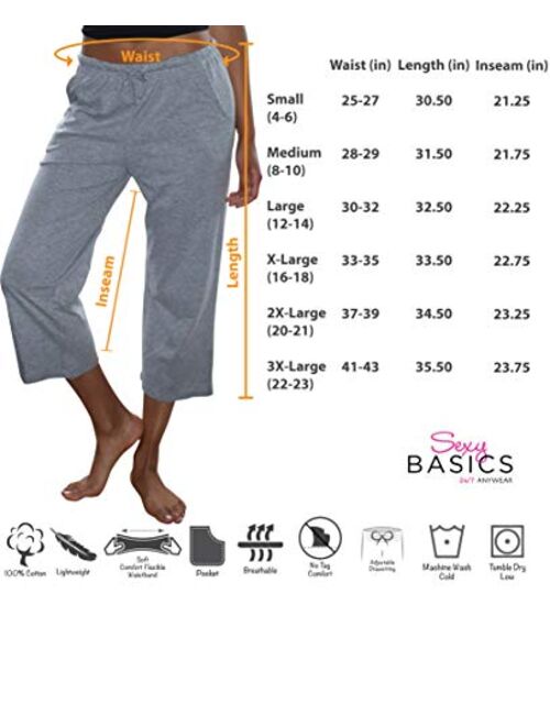 Sexy Basics Women's 3 Pack Soft Flex-Cotton Knit Pajama Pants/Lounge Pants/Sleep Pants - Capri -Yoga Style Pant