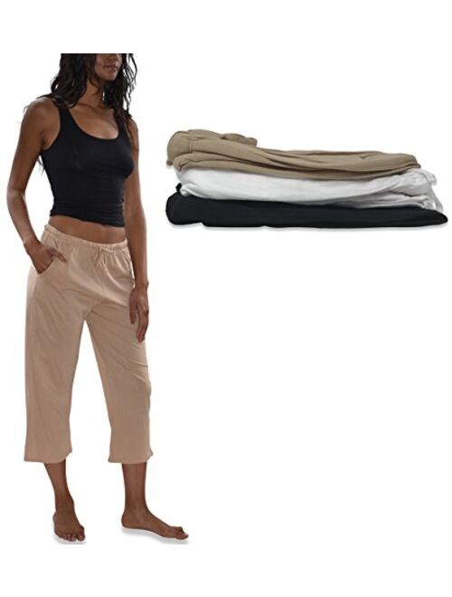 Sexy Basics Women's 3 Pack Soft Flex-Cotton Knit Pajama Pants/Lounge Pants/Sleep Pants - Capri -Yoga Style Pant