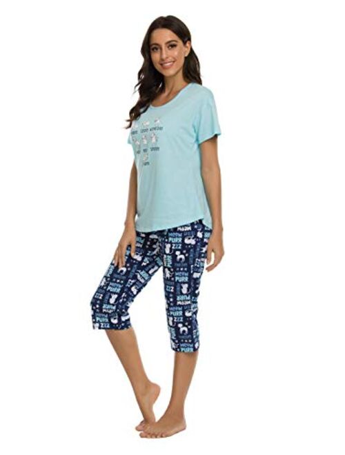 LOCUBE Women's Pajama Sets Short Tops and Capri Pants Cute Cartoon Sleepwear Loungewear