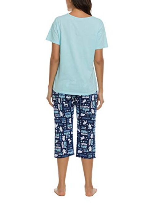 LOCUBE Women's Pajama Sets Short Tops and Capri Pants Cute Cartoon Sleepwear Loungewear