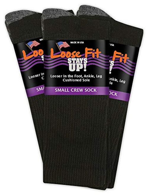 Loose Fit Stays Up Men's and Women's Casual Crew Socks 3 PK Made in USA! Cushioned Sole