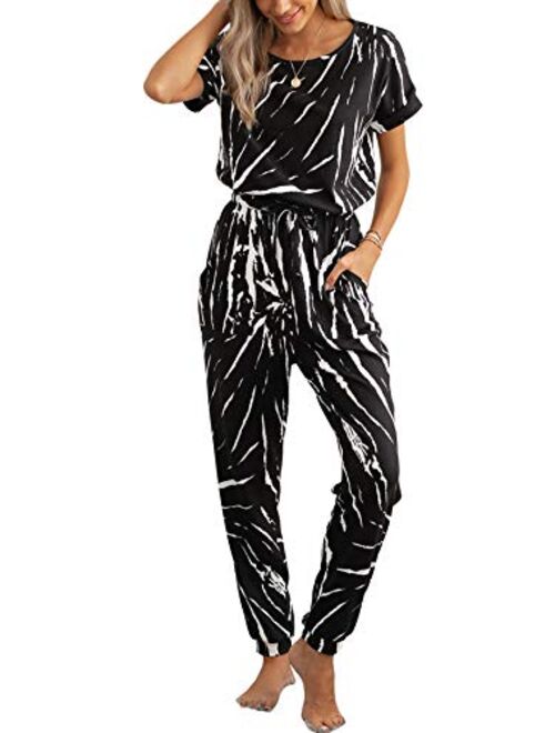 PRETTYGARDEN Womens Short Sleeve Tie Dye Long Pajamas Set One Piece Jumpsuit Loose Sleepwear Night Shirts with Pockets